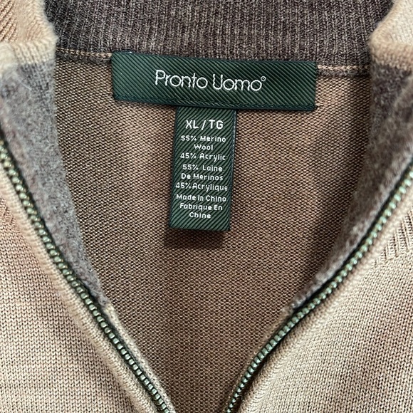 Pronto Uomo Men’s Merino Wool Blend Quarter Zip Sweater Taupe Brown Size XL - Picture 6 of 9
